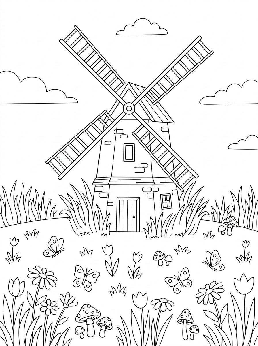 disegno mulino a vento da colorare per bambini