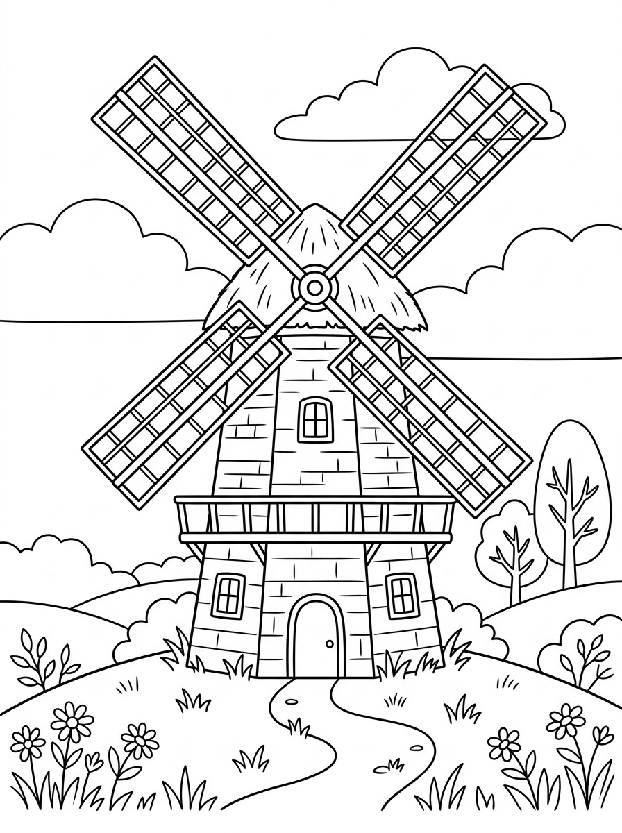 mulino a vento da stampare e colorare per bambini 1